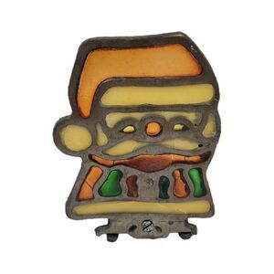 Vintage Cast Iron Stained Glass Santa Claus Votive Candle Holder Christmas 5.5"